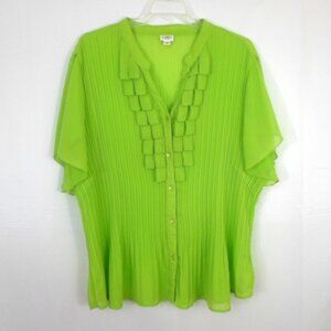 Cato Green Semi Sheer Button Up Pleat Blouse 26W 28W